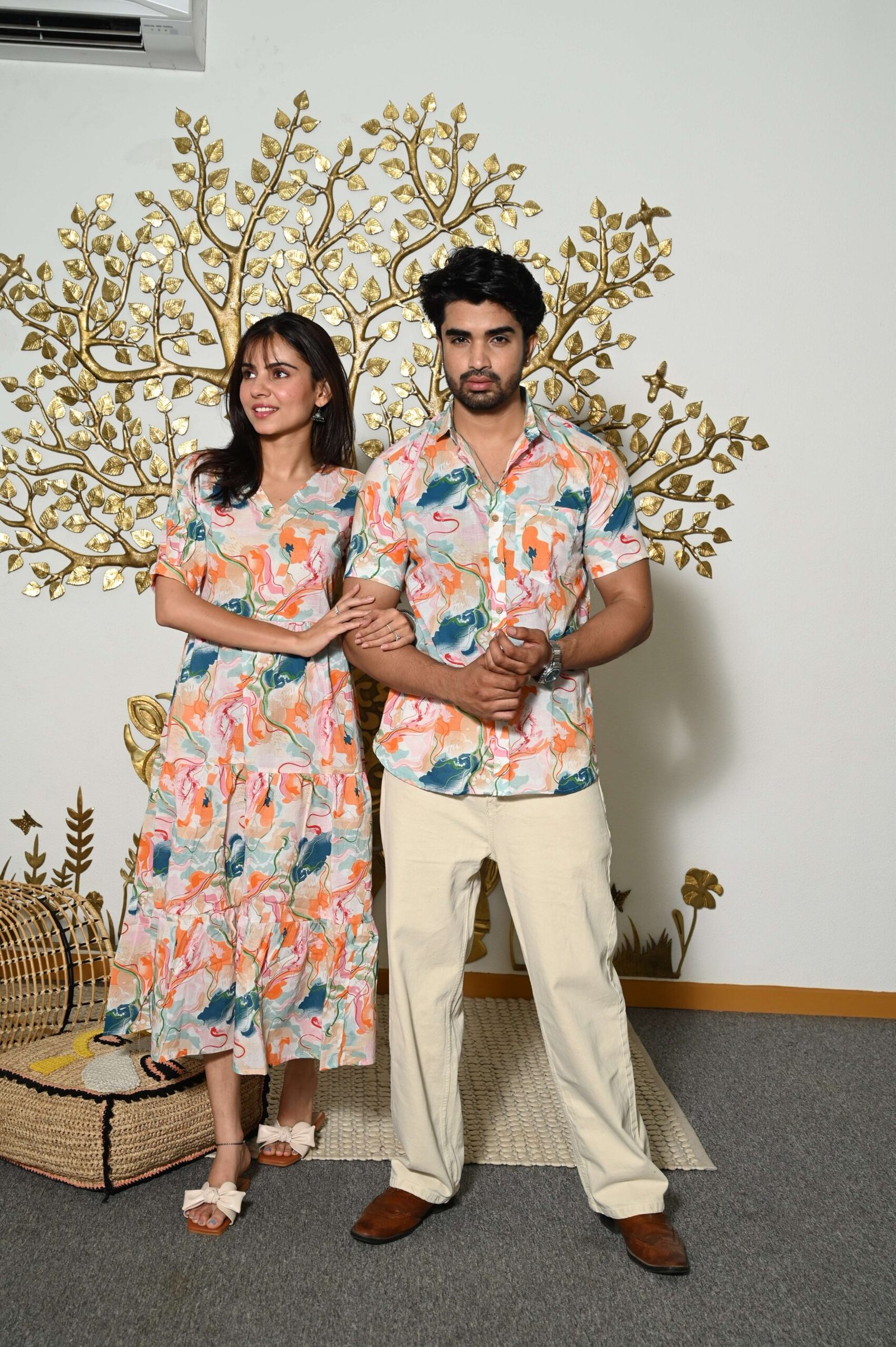 Couple Matching Abstract Print Cotton Anarkali Midi Dress & Shirt Set ...