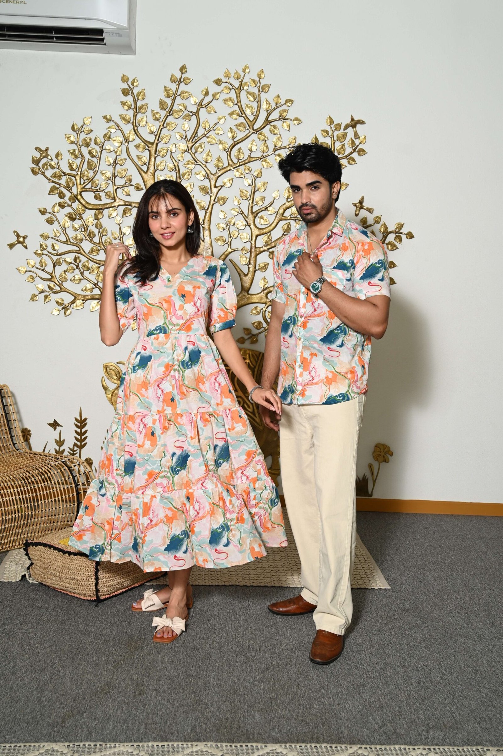 Couple Matching Abstract Print Cotton Anarkali Midi Dress & Shirt Set ...
