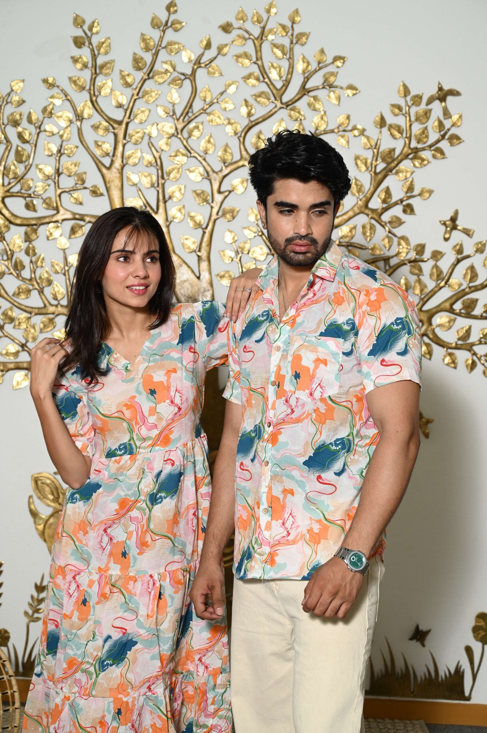 Couple Matching Abstract Print Cotton Anarkali Midi Dress & Shirt Set ...