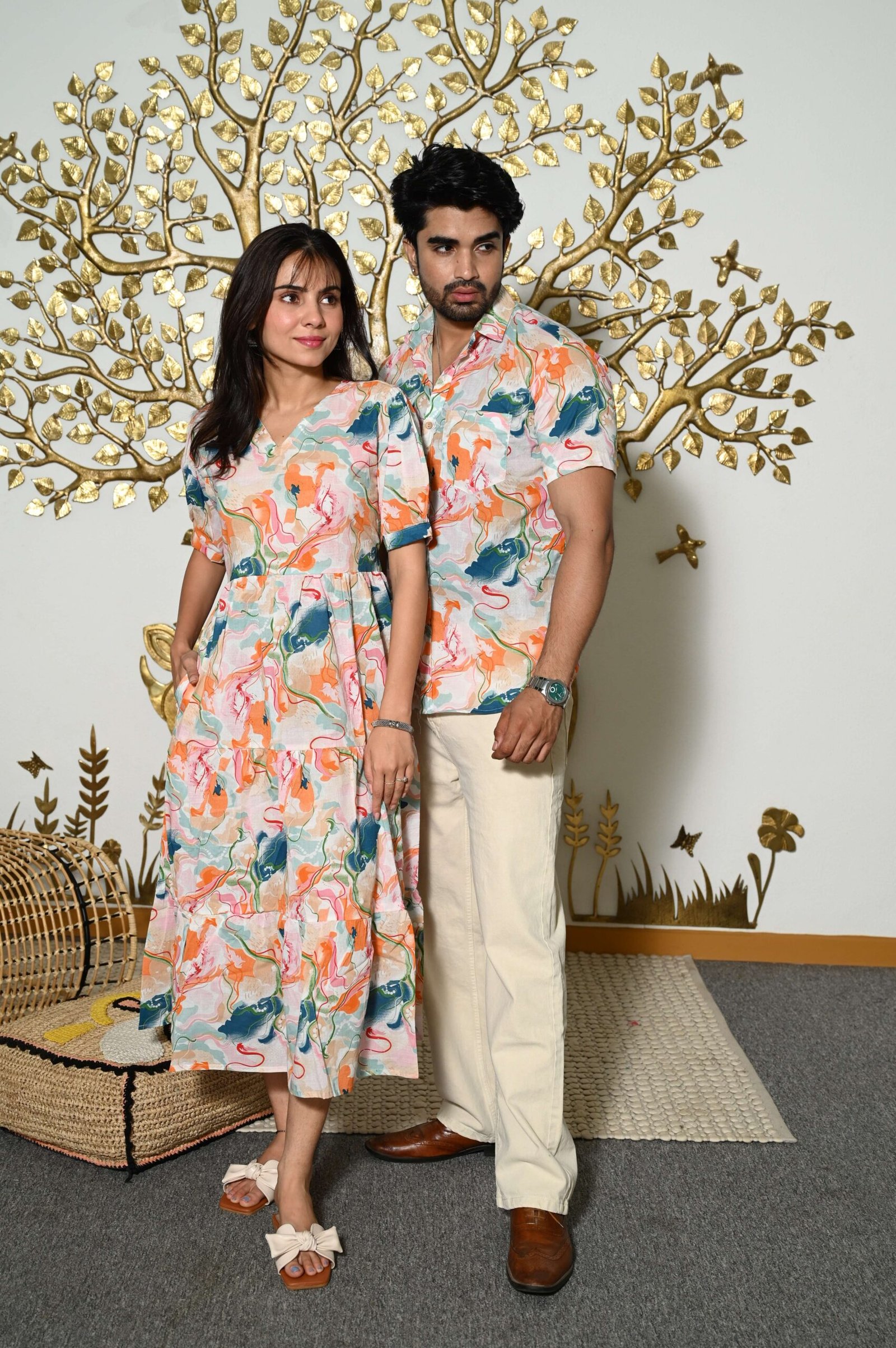 Couple Matching Abstract Print Cotton Anarkali Midi Dress & Shirt Set ...
